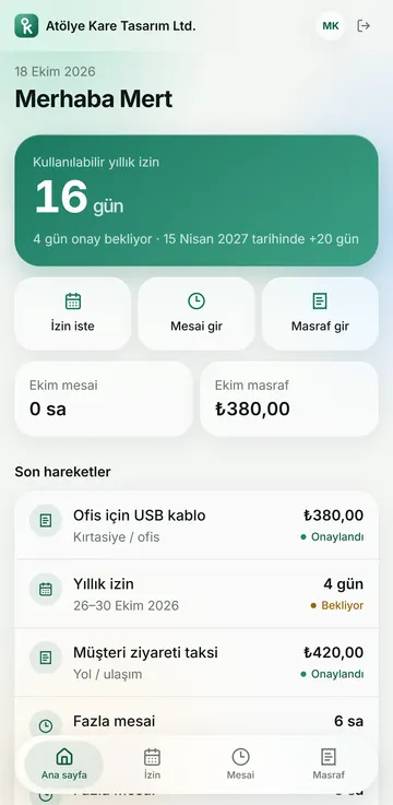 Çalışan ana ekranı: kullanılabilir yıllık izin ve son talepler