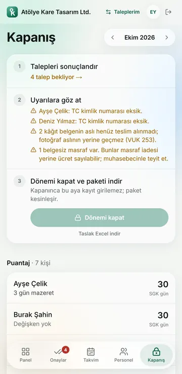 Dönem kapanışı: uyarılar, puantaj ve muhasebeci paketi